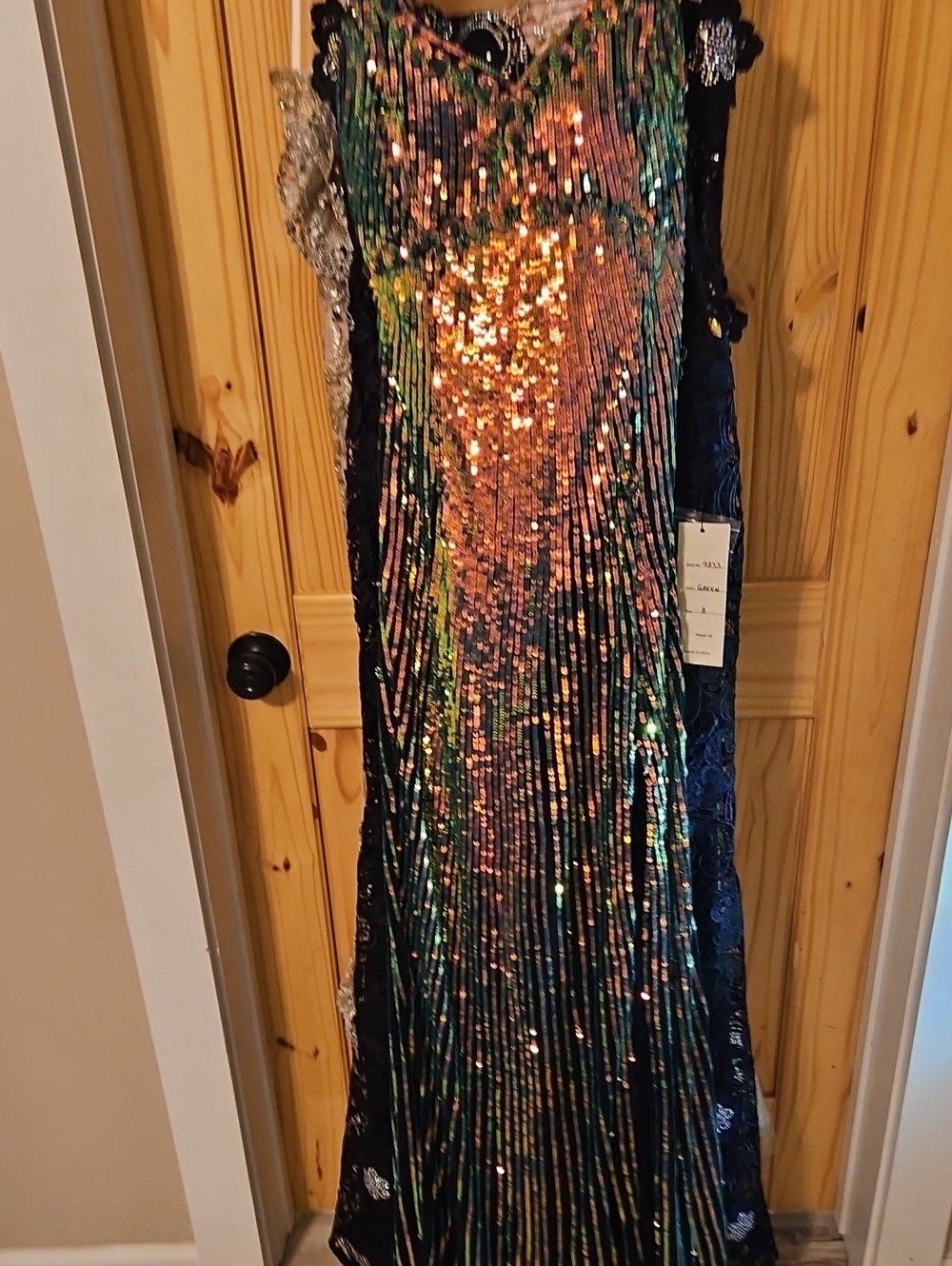 8 Primavera Couture Iridescent Green & Gold Sequin Fringe Dress
